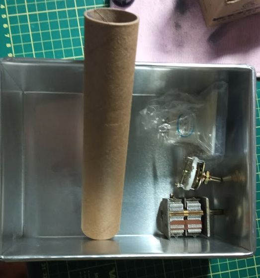 Box with the cardboard tube, variable capacitor and rotary switch